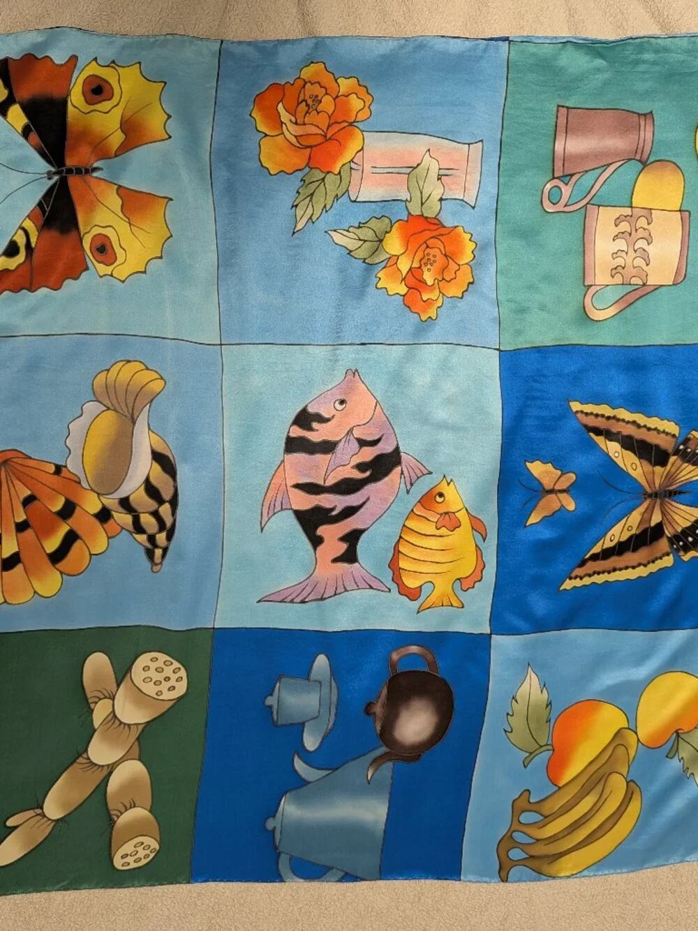 Vintage Hand Painted Silk Scarf 33x36 Abstract Butterfly Fish Floral 100% Silk